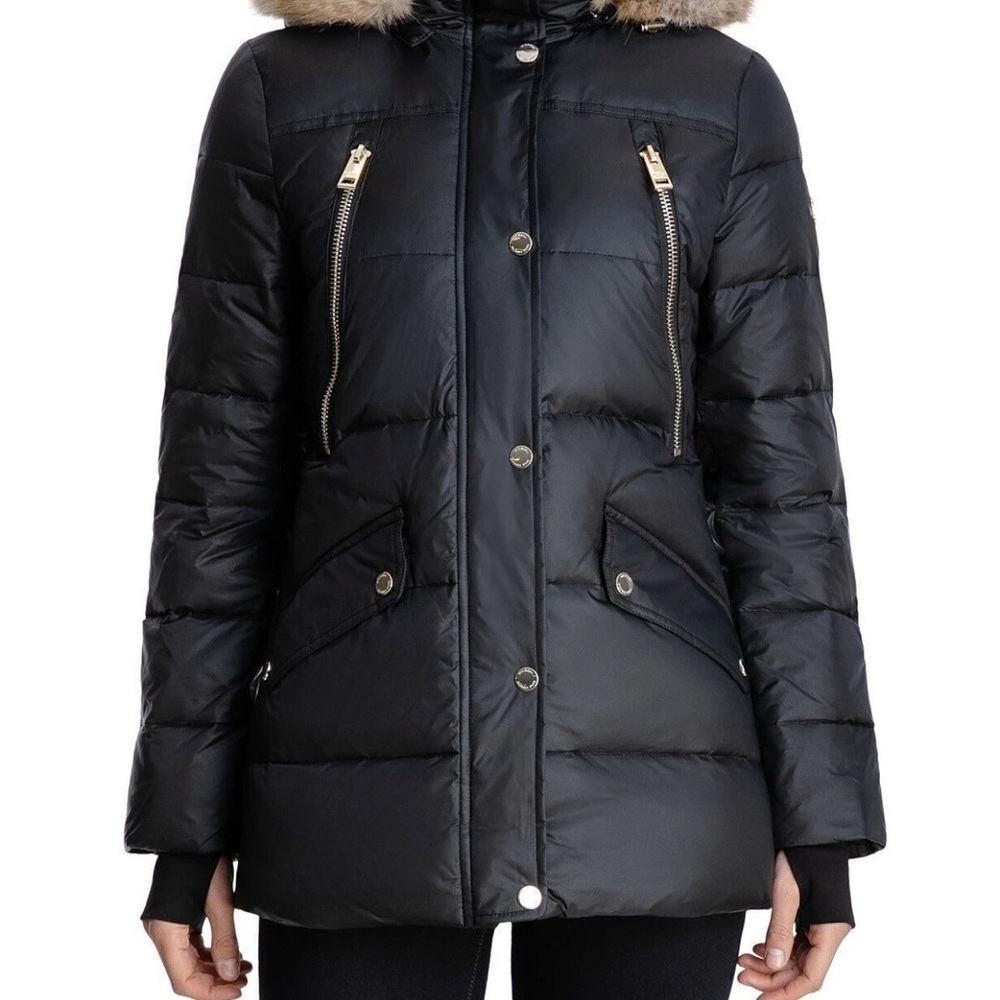 Michael Kors Women's S Faux-Fur-Trim Hooded Down Puffer Coat Black M0904